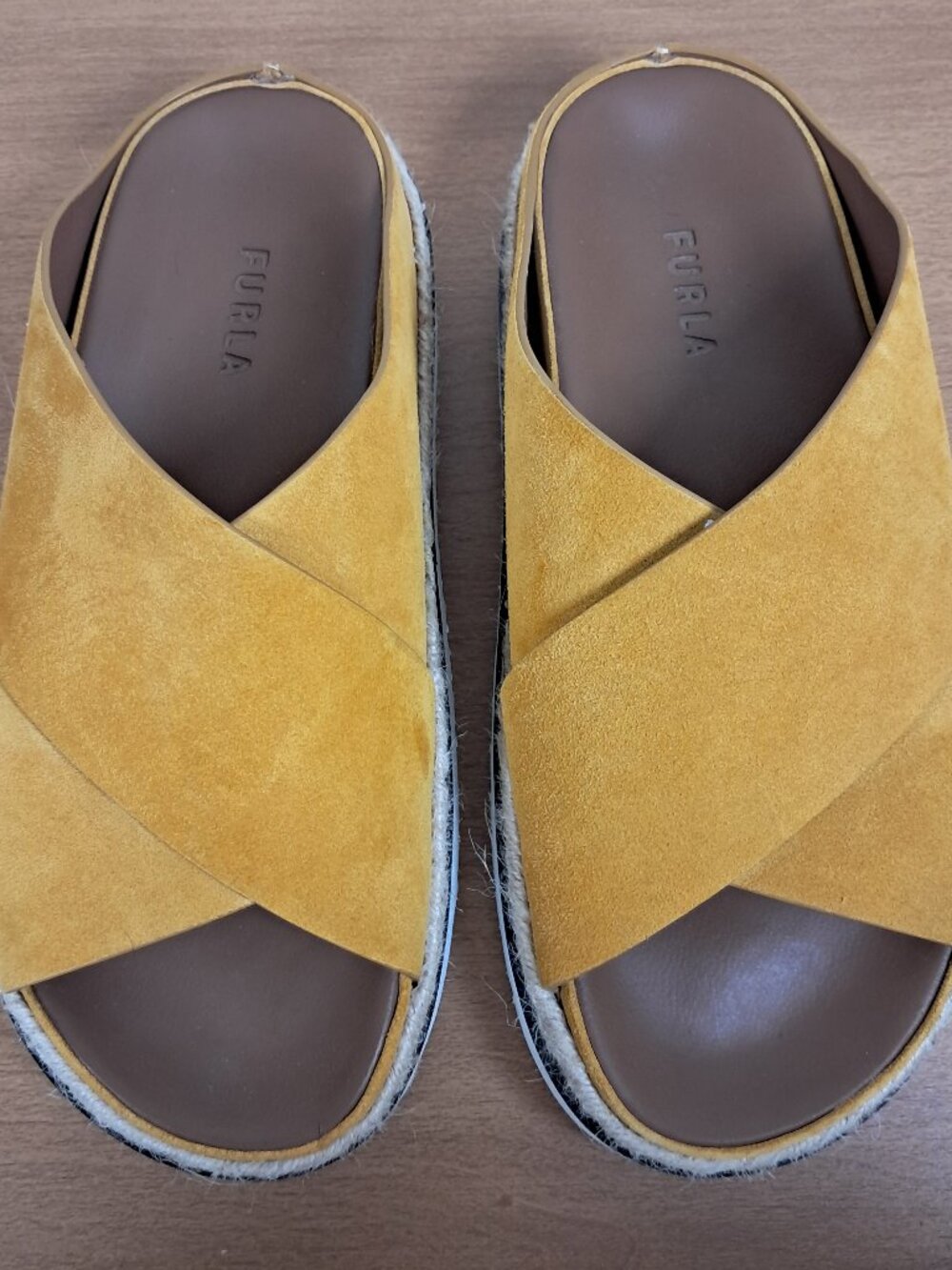 FURLA Yellow Suede Criss Cross Espadrille Slide Sandals Size 9